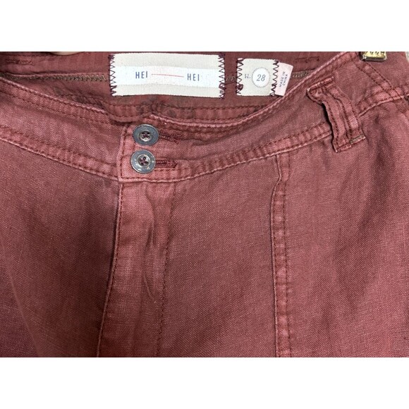 Anthropologie Hei Hei Linen Pants Roll Up Lace Embroidered Trim Rusted Red Sz 28 - Picture 5 of 8